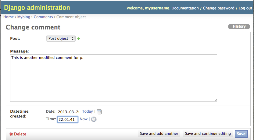 Django Admin Page Modify Comment Object Continue
