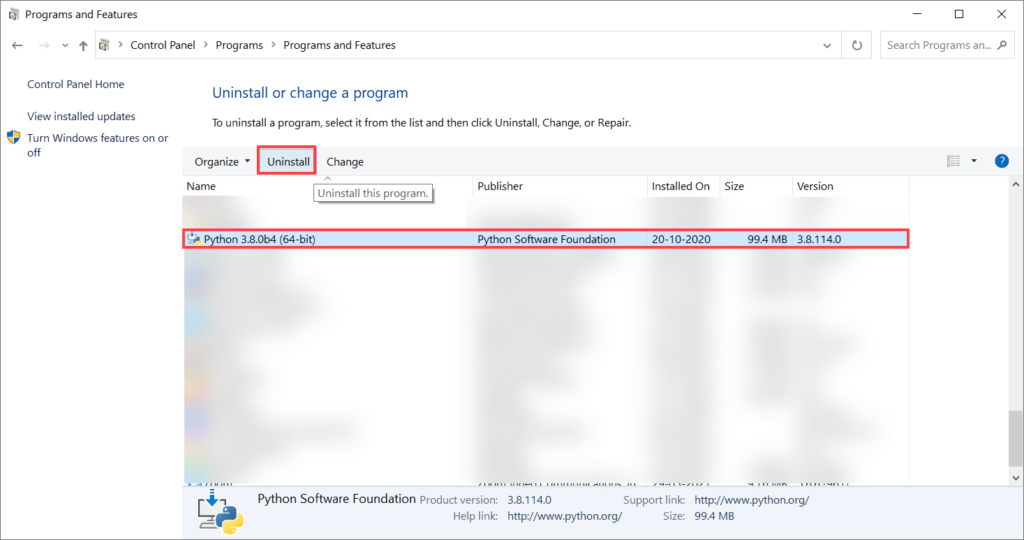 Windows Uninstalling Python