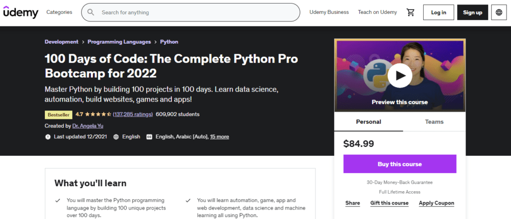 100 Days of Code: The Complete Python Pro Bootcamp for 2022 (Udemy)