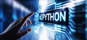 Python high-level programing language. Application and web development concept on virtual screen.